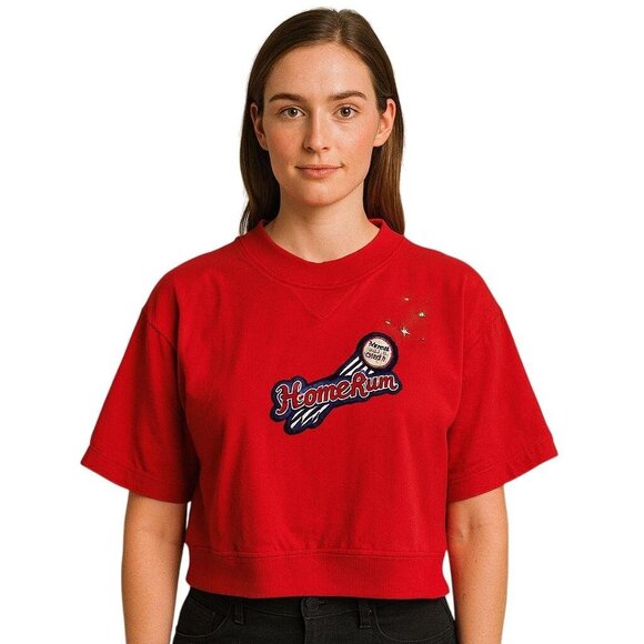 Vintage 80s 90s Red Cropped Baseball Sweatshirt Small Cotton Home Run Graphic To - Picture 1 of 8